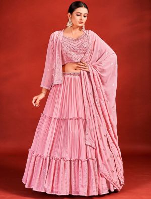 Pink Georgette Readymade Lehenga Choli With Jacket FABLE20353