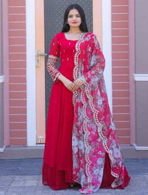 pink red georgette embroidered readymade gown with dupatta fabgo20221