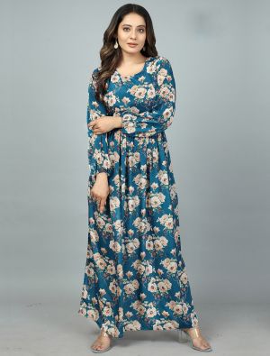 teal kasturi silk floral printed readymade gown fabgo20217