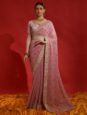 Baby Pink Party Wear Georgette Saree With Sequins