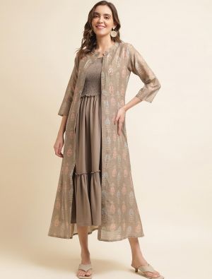 brown rayon cotton women dress with printed shrug fabku20826