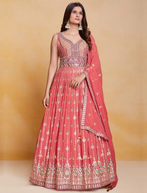 coral pure georgette readymade gown with dupatta fabgo20236