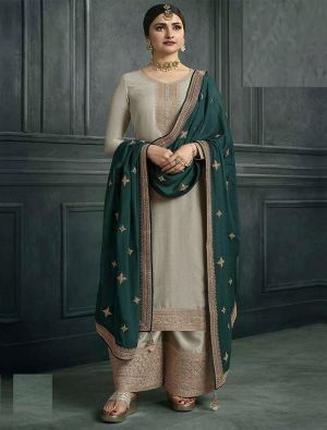 Creamy Beige Silk Georgette Embroidered Palazzo Suit small FABSL21521