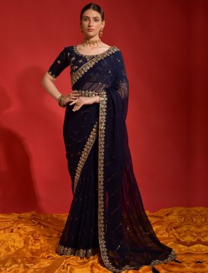 Deep Blue Party Wear Georgette Saree With Sequins