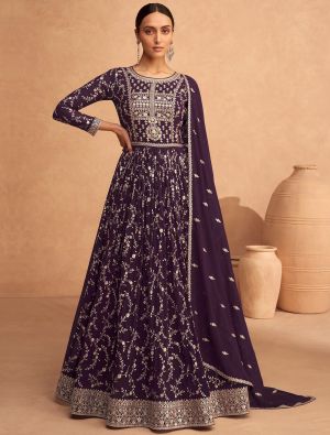 Deep Wine Georgette Semi Stitched Sequined Anarkali Suit small FABSL21553