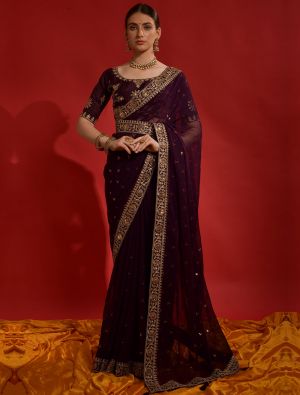 Deep Wine Party Wear Georgette Saree With Sequins