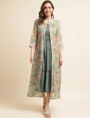 green rayon cotton women dress with printed shrug fabku20830