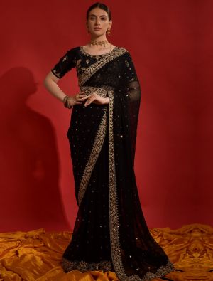 Jet Black Party Wear Georgette Saree With Sequins