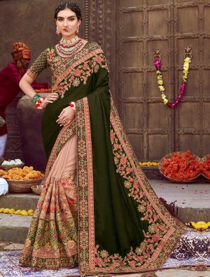 Mehendi Green Sana Silk Embroidered Saree With Diamond Work