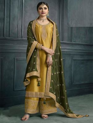 Mustard Yellow Silk Georgette Embroidered Palazzo Suit small FABSL21520