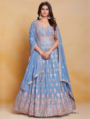 pastel blue pure georgette readymade gown with dupatta fabgo20235