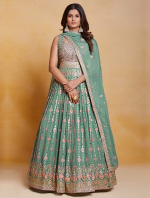 pastel green pure georgette readymade gown with dupatta fabgo20234