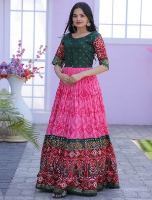 pink dola silk readymade gown with patola foil print fabgo20231