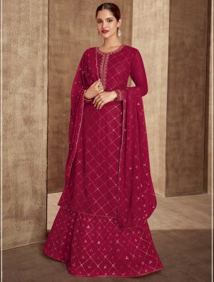 Pinkish Red Georgette Semi Stitched Designer Lehenga Suit small FABSL21541