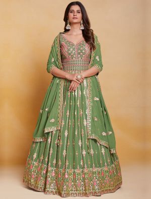 pista green pure georgette readymade gown with dupatta fabgo20238