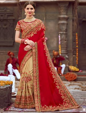 Red Sana Silk Embroidered Saree With Diamond Work