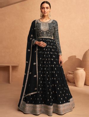 Rich Black Georgette Semi Stitched Sequined Anarkali Suit small FABSL21552