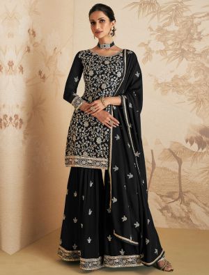 Rich Black Georgette Semi Stitched Sharara Suit small FABSL21548