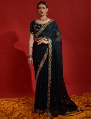 Rich Blue Party Wear Georgette Saree With Sequins