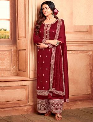 Rich Maroon Silk Georgette Embroidered Palazzo Suit small FABSL21515