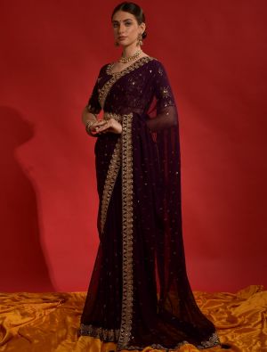 Rich Wine Party Wear Georgette Saree With Sequins