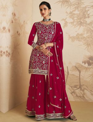 Rose Red Georgette Semi Stitched Sharara Suit small FABSL21545