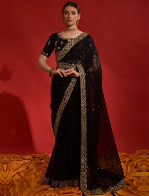 Royal Black Party Wear Georgette Saree With Sequins