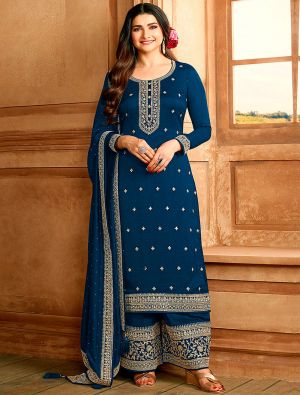 Royal Blue Silk Georgette Embroidered Palazzo Suit small FABSL21516