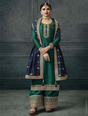 Royal Green Silk Georgette Embroidered Palazzo Suit small FABSL21523