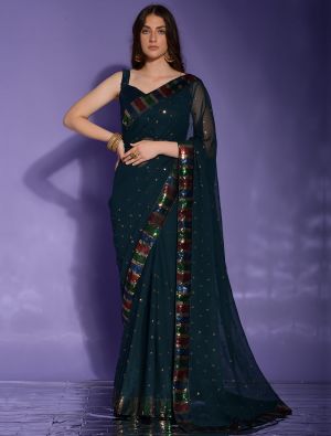 Teal Blue Party Wear Georgette Saree With Sequins