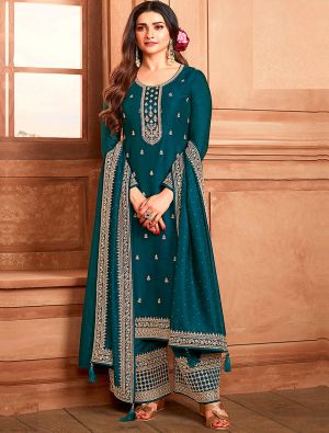 Teal Blue Silk Georgette Embroidered Palazzo Suit small FABSL21514