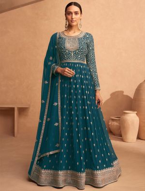 Teal Georgette Semi Stitched Sequined Anarkali Suit small FABSL21549