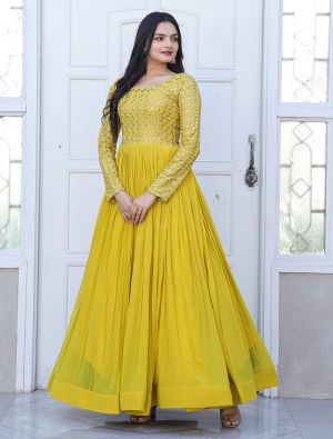 yellow georgette readymade gown with zari and sequins fabgo20226