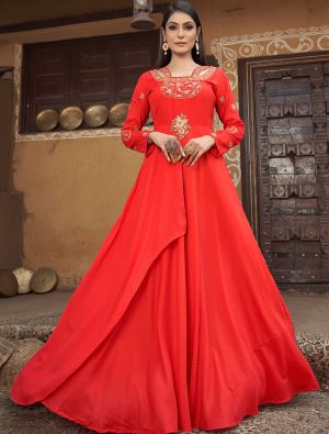 bright red muslin readymade gown with thread embroidery fabgo20242