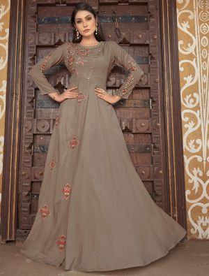 brown muslin readymade gown with thread embroidery fabgo20246