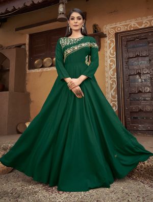 dark green muslin readymade gown with thread embroidery fabgo20240