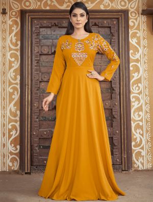 dark yellow muslin readymade gown with thread embroidery fabgo20241
