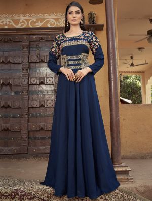 navy blue muslin readymade gown with thread embroidery fabgo20245