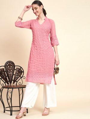 pink georgette kurti with sequins embroidery fabku20833