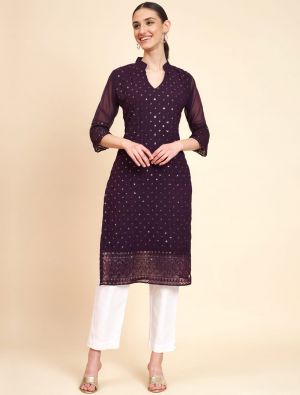 wine georgette kurti with sequins embroidery fabku20834