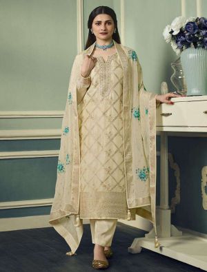 Beige Viscose Silk Embroidered Semi Stitched Suit small FABSL21573