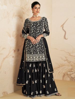 Black Georgette Semi Stitched Embroidered Palazzo Suit small FABSL21575