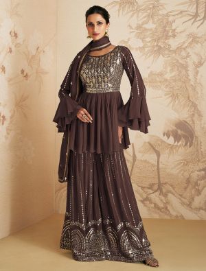 Dark Brown Chinon Semi Stitched Sequined Palazzo Suit small FABSL21582