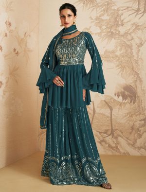 Dark Teal Chinon Semi Stitched Sequined Palazzo Suit small FABSL21581