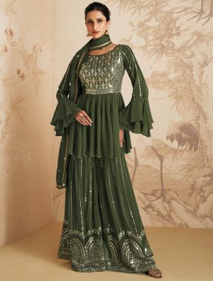 Fern Green Chinon Semi Stitched Sequined Palazzo Suit small FABSL21584