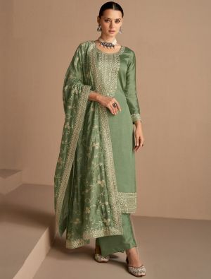 Green Silk Embroidered Semi Stitched Salwar Kameez small FABSL21565