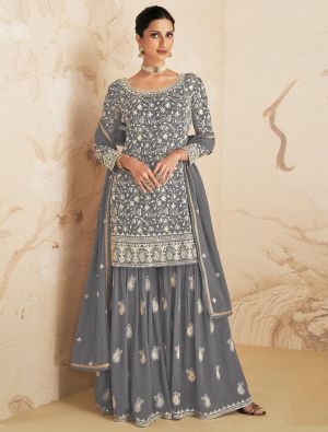 Grey Georgette Semi Stitched Embroidered Palazzo Suit small FABSL21577