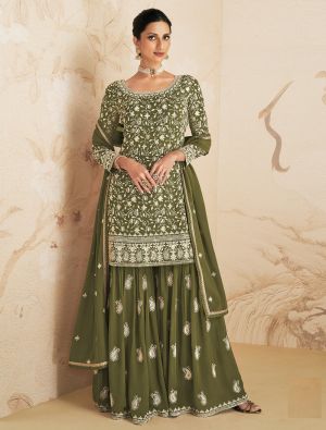Olive Georgette Semi Stitched Embroidered Palazzo Suit small FABSL21579