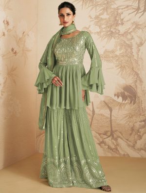 Pista Green Chinon Semi Stitched Sequined Palazzo Suit small FABSL21586