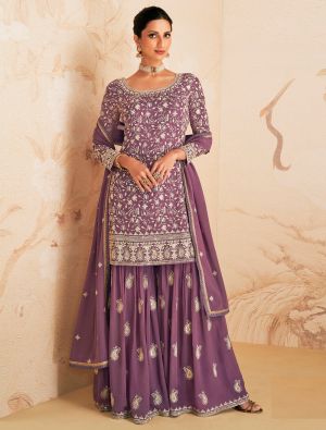 Purple Georgette Semi Stitched Embroidered Palazzo Suit small FABSL21578